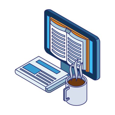 Gazete, kahve fincanı ve ekranda kitap olan bilgisayar.