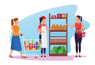 Süpermarketteki insanlar ve kadın işçiler.