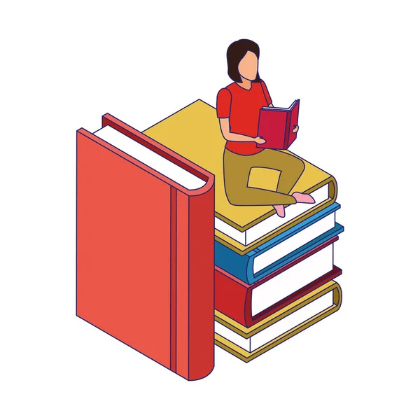 Gran pila de libros con la mujer leyendo sentado — Vector de stock