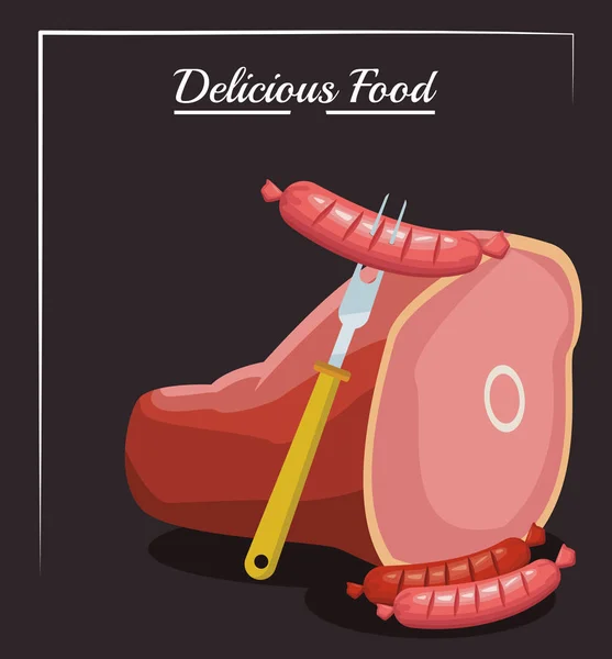 Prosciutto gamba e forchetta con salsicce, design colorato — Vettoriale Stock