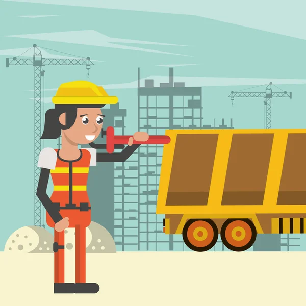 Mujer constructora trabajando en escena de construcción — Vector de stock