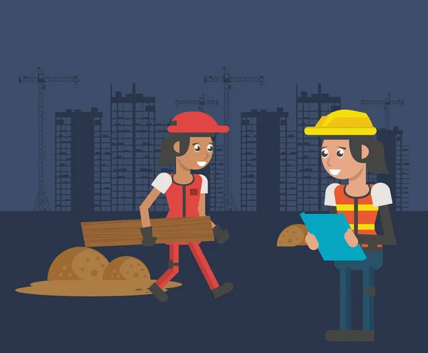 Hombres constructores que trabajan en escena de la construcción — Vector de stock
