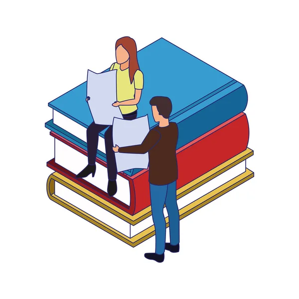 Libros y personas leyendo alrededor, diseño colorido — Vector de stock