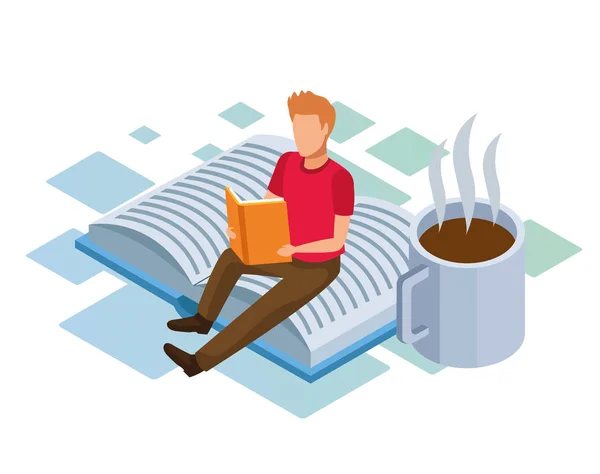 Koffiemok en man die een boek leest zittend op groot boek — Stockvector