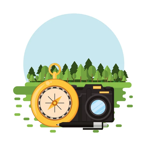 World travel scene with photographic camera and icons — 스톡 벡터