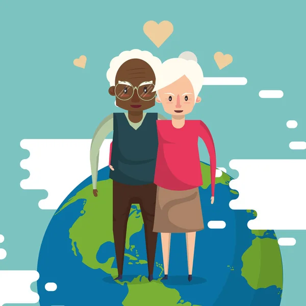 Interrazziale nonni coppia amanti con mondo pianeta — Vettoriale Stock