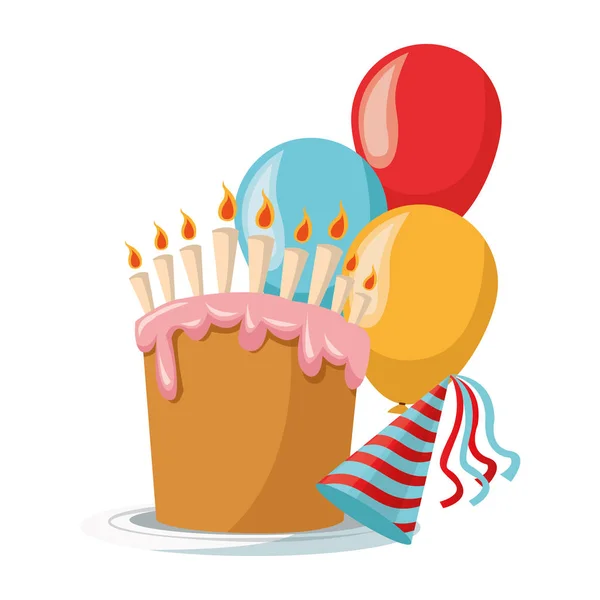 Bolo de aniversário com balões e chapéu de festa, design colorido — Vetor de Stock
