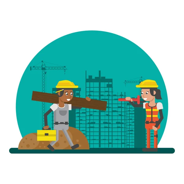 Ett par byggare som arbetar under byggnation — Stock vektor
