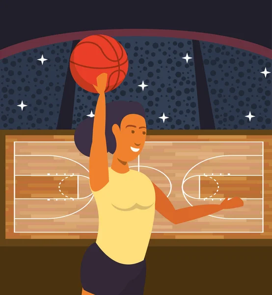 Joven atleta jugando baloncesto con globo — Vector de stock