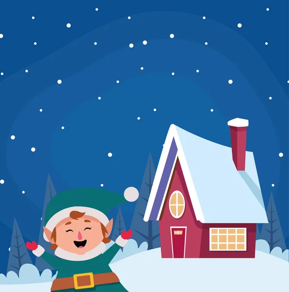 Happy santas helper over house and snowy night background — Stock Vector