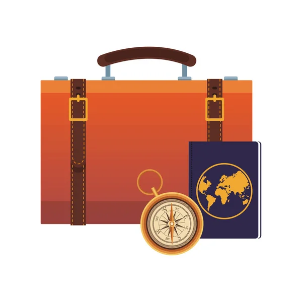 Travel suitcase with passport and compass, flat design — Stock Vector