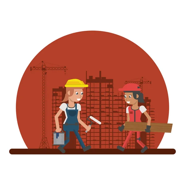 Mulheres construtores que trabalham em cena de construção — Vetor de Stock