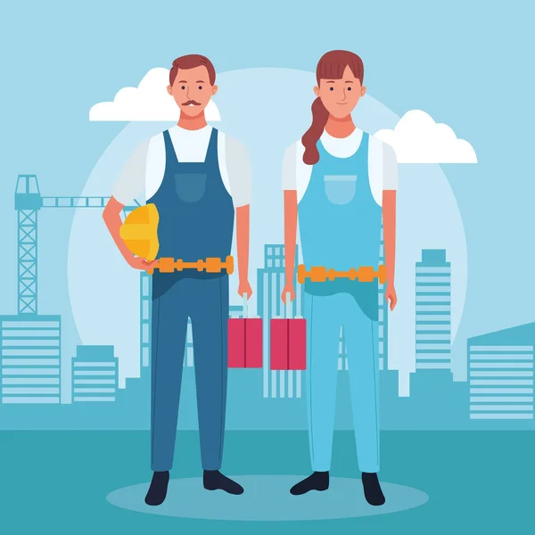 Naprawa mężczyzna i kobieta stojący nad budynkami miejskimi tle — Wektor stockowy