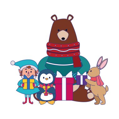 Noel ayısı ve hediye kutulu hayvanlar.