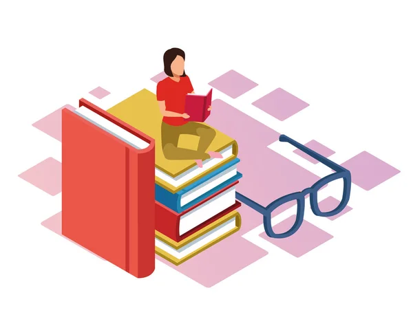 Gafas y mujer leyendo un libro sentado en una pila de libros — Vector de stock