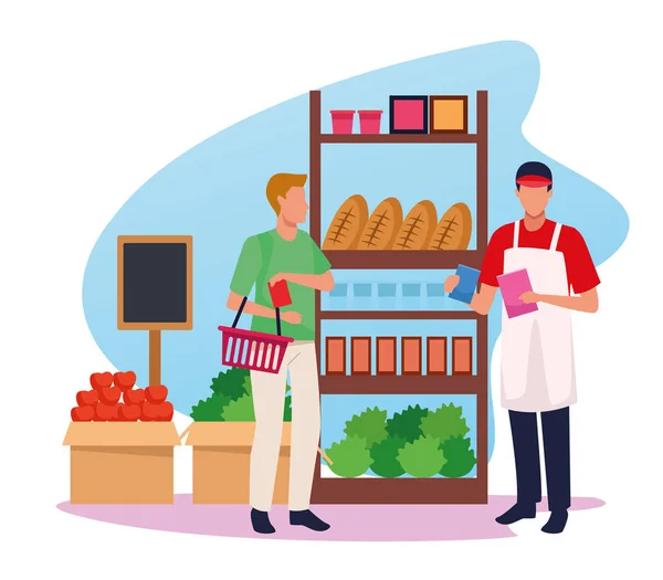 Avatar supermercado trabajador ayudar a un cliente en el pasillo del supermercado — Archivo Imágenes Vectoriales