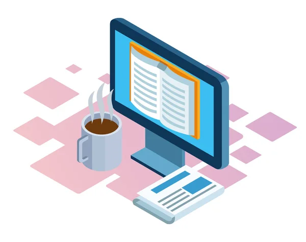 Bilgisayar, kahve fincanı ve gazetenin izometrik tasarımı — Stok Vektör