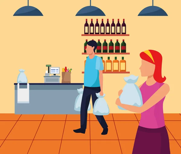 Avatar man en vrouw met tassen lopen in de supermarkt — Stockvector