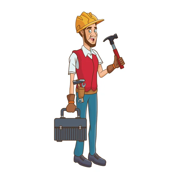 Γελοιογραφία άνθρωπος κατασκευή με εικονίδιο κουτί εργαλείο — Διανυσματικό Αρχείο