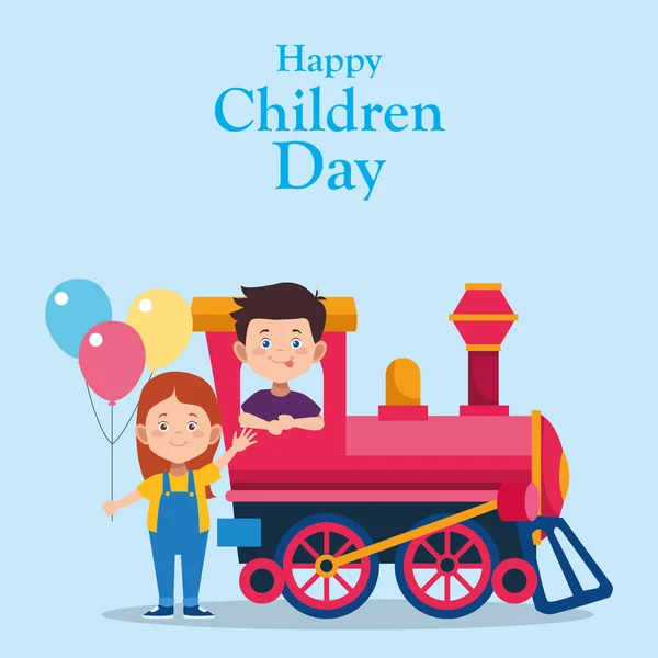 Fröhliche Kinder Tag buntes Design mit glücklichen Jungen in einem Zug und Mädchen mit bunten Luftballons — Stockvektor