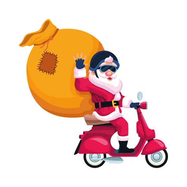 Dessin animé santa claus avec grand sac sur une moto, design coloré — Image vectorielle