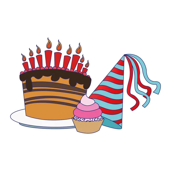 Cupcake con pastel de cumpleaños y el icono del sombrero de fiesta — Vector de stock