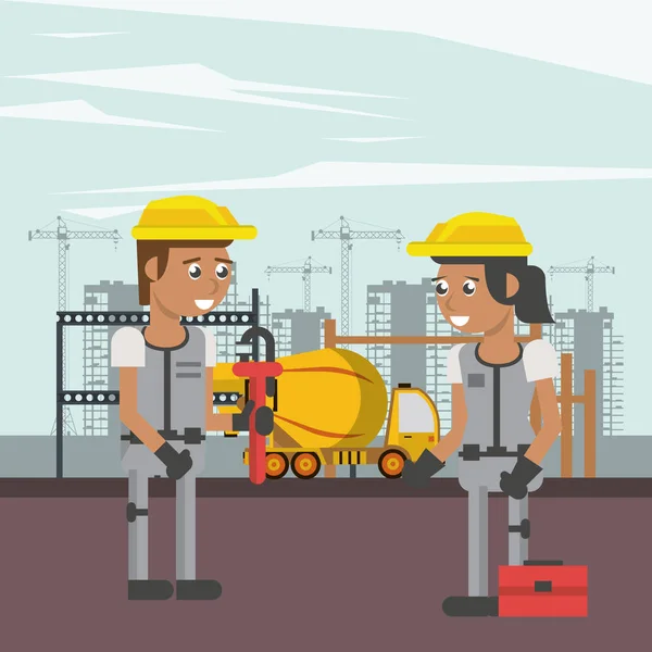 Pareja de constructores trabajando en la escena de la construcción — Vector de stock