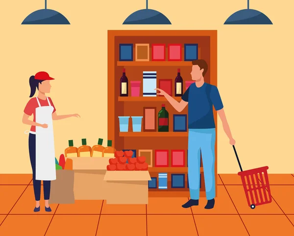 Avatar supermarkt werknemer het helpen van een klant in supermarkt gangpad — Stockvector
