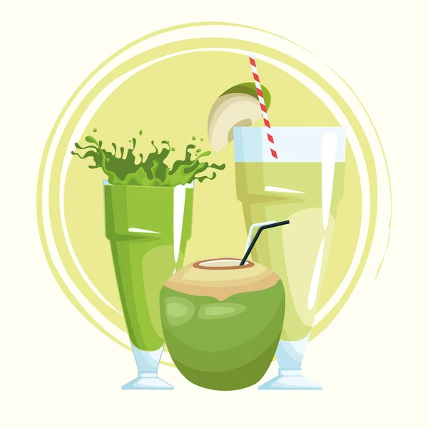 Bebida de coco e sucos verdes sobre fundo branco —  Vetores de Stock