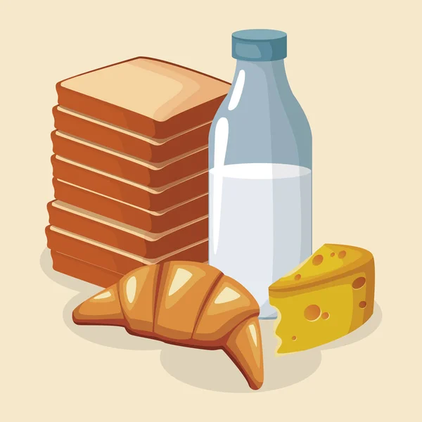 Pila de panes con botella de leche y croissant — Vector de stock