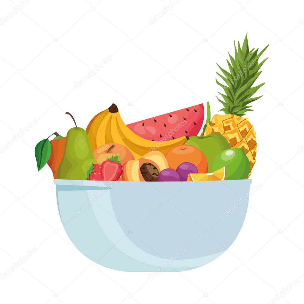 bowl with tropical fruits, colorful design