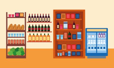 Süpermarket büfeleri şişeler ve bakkaliyeler, renkli tasarım