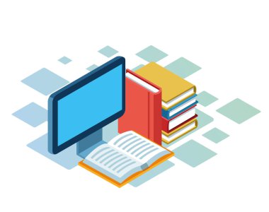 Bilgisayar ve kitapların izometrik tasarımı