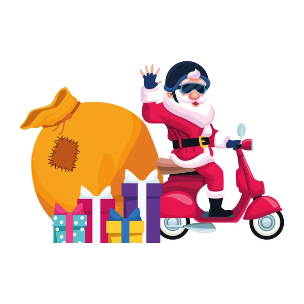 Cool santa claus sur une moto avec boîtes-cadeaux — Image vectorielle