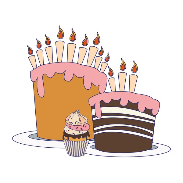 Bolos de aniversário com velas e cupcake — Vetor de Stock