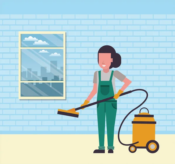 Donna lavoratrice casalinga con aspirapolvere — Vettoriale Stock
