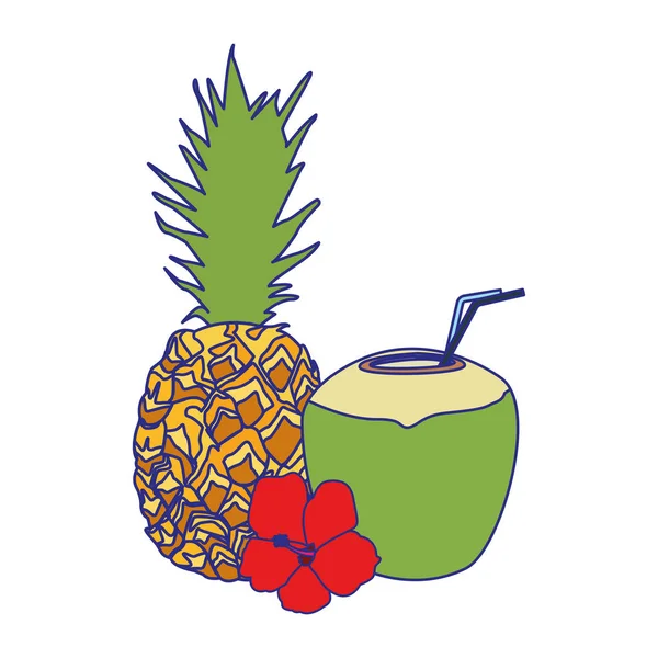 Abacaxi e bebida de coco com flor tropical — Vetor de Stock