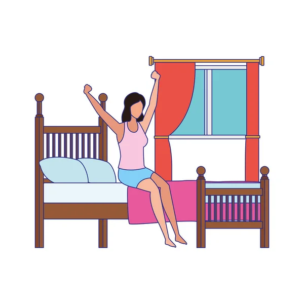 Женщина сидит на кровати и растягивается после сна на окне и белом фоне — стоковый вектор
