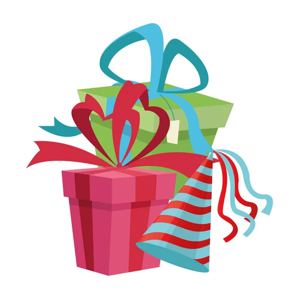 Chapeau de fête avec icône de boîtes-cadeaux, design coloré — Image vectorielle