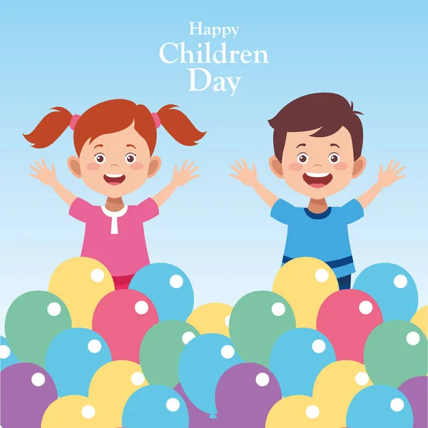 Happy Children Day Design mit glücklichen Kindern rund um bunte Luftballons — Stockvektor