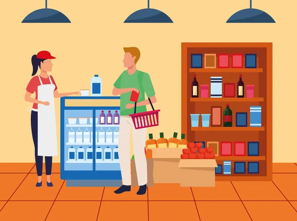 Supermarkt werknemer helpen van een klant in supermarkt gangpad — Stockvector