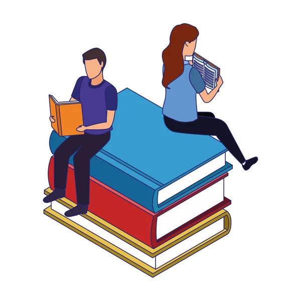 Mujer y hombre leyendo un libro sentado en grandes libros, diseño colorido — Vector de stock