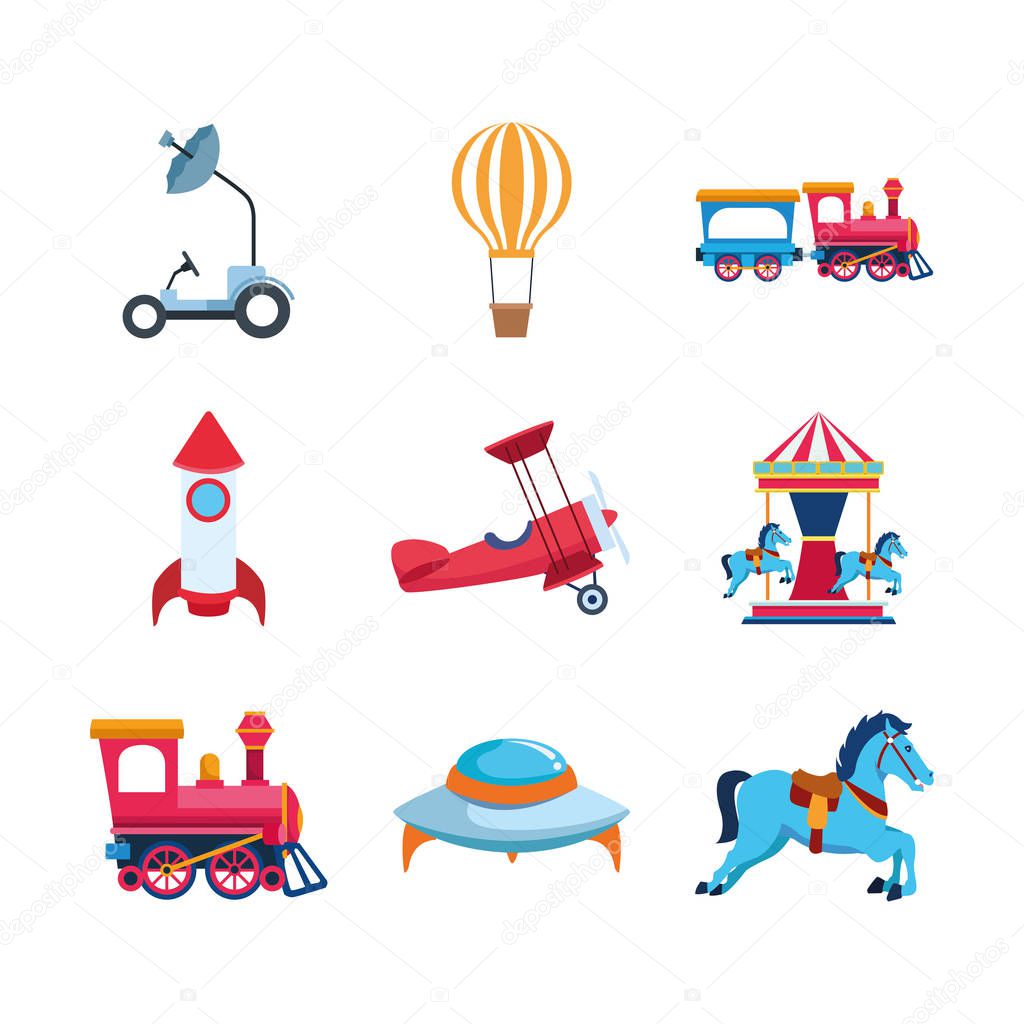 space and carousel vehicles icon set, colorful design