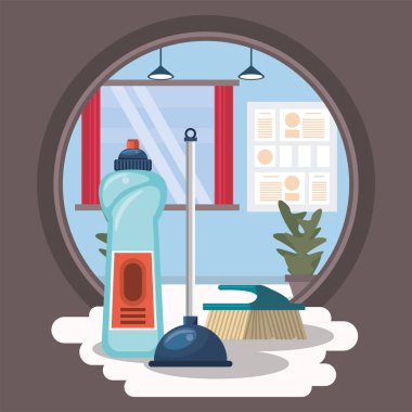 Oda, temizlik malzemeleriyle dolu.