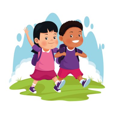 Çizgi filmlerde okul çantalı mutlu çocuklar