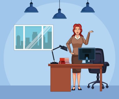 Ofis manzarası arka planında çizgi film iş kadını