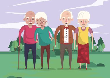 Bir grup büyükanne ve büyükbaba çiftler çiftler çiftler tarlasında