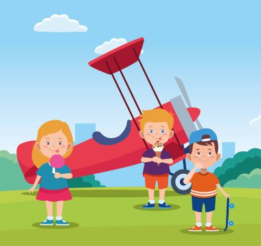 Mutlu çocuklar için çizgi film dizaynı Mutlu çocuklar ve hafif uçaklar