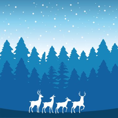 Ren geyiği siluetleriyle orman kar manzarası