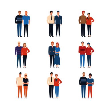 Çizgi film çiftleri ikon seti, renkli tasarım